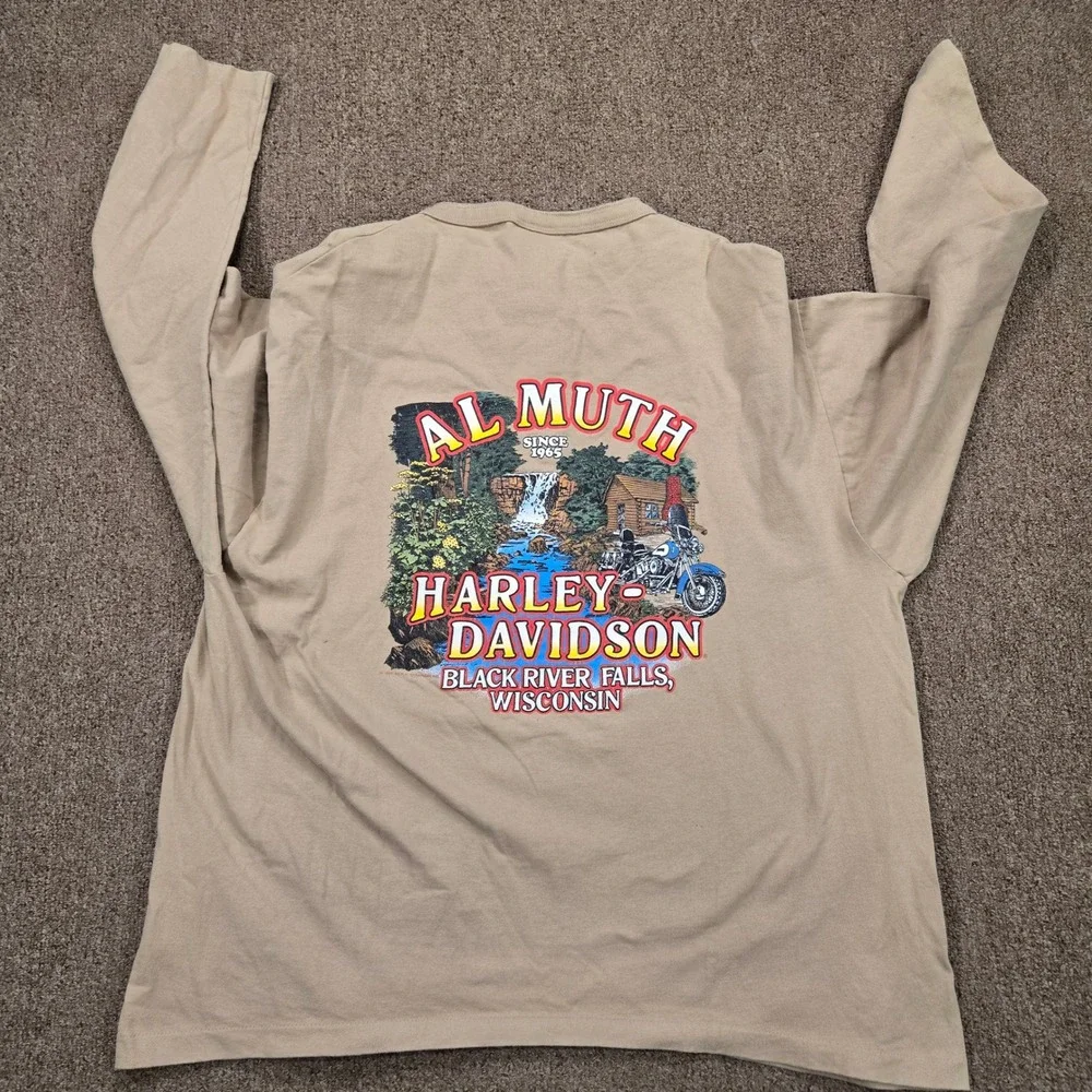 VTG Harley Davidson Henley Mens XXL Tan Graphic Eagle Long Sleeve USA Made 90s - Picture 9 of 10